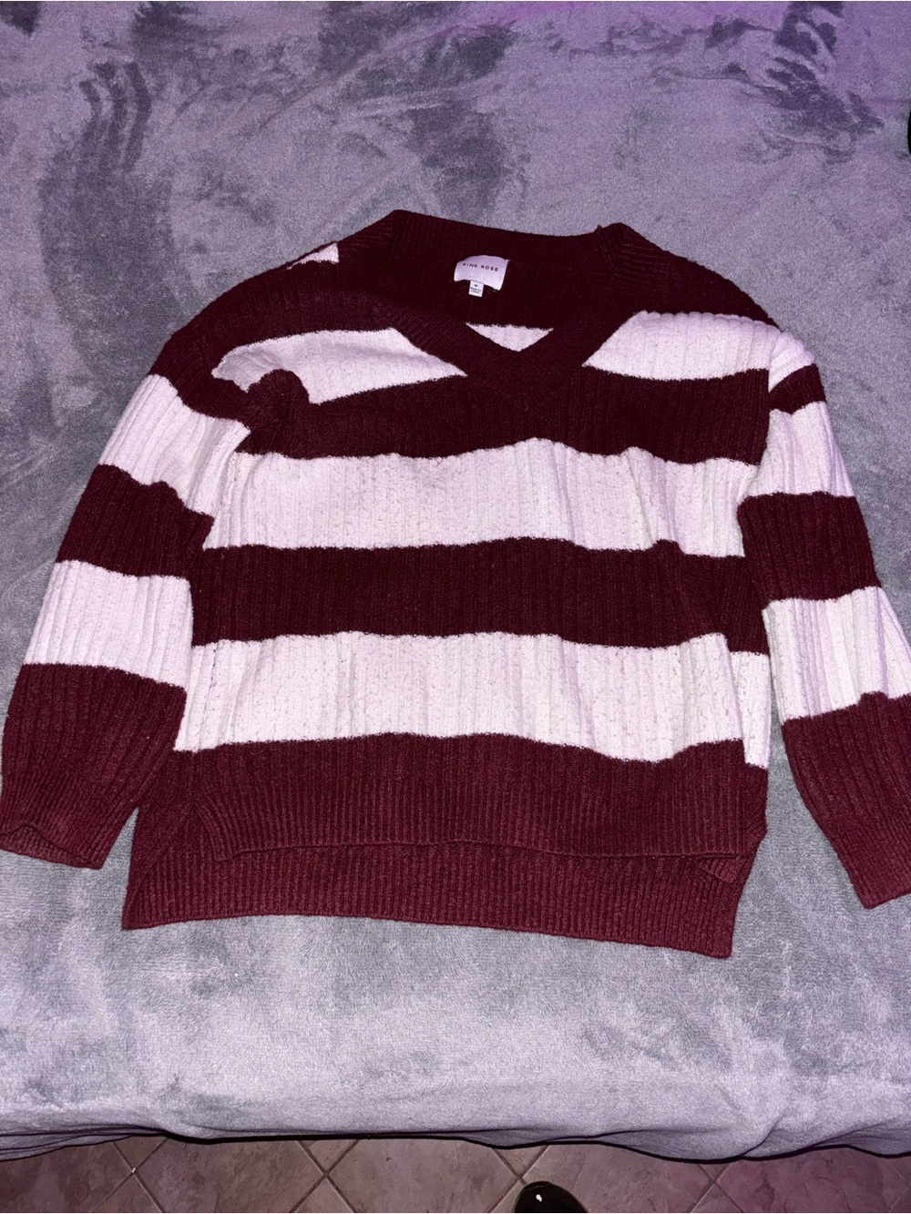 Pink Rose Ribbed Sweater in Burgundy and White Stripes